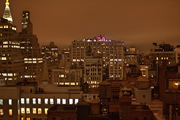 Illuminated Manhattan skyline at night time with skyscrapers, high-rise buildings, low-rise buildings, neon lights under gray cloudy sky with light pollution
