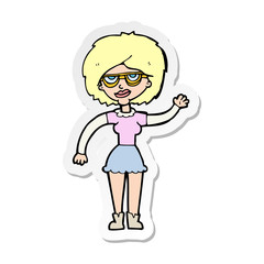 sticker of a cartoon waving woman wearing spectacles