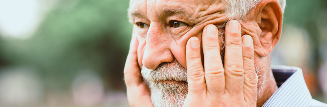 Senior man emotion face serious ,concern, sad, thing, unhappy.