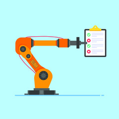 Robot arm holds clipboard with text and check marks flat style design vector illustration isolated on light blue background. Robot arm or hand. Industrial robot manipulator. Modern smart industry 4.0 