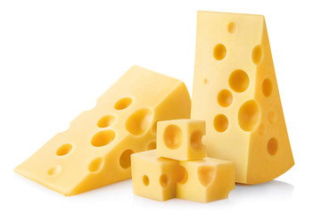 Several pieces of delicious cheese, isolated on white background