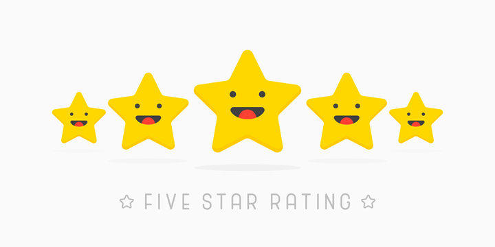 Five golden rating star wiyh cute smile face. Vector illustration in white background