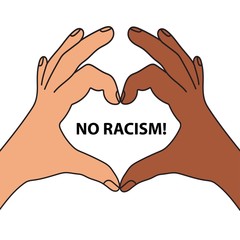 Two hands making heart sign. No racism. Motivational poster against racism and discrimination