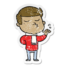 distressed sticker of a cartoon model guy pouting