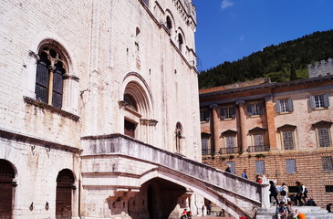 Fototapeta na wymiar Entrance of Palazzo dei Consoli, Gubbio, Umbria, Italy