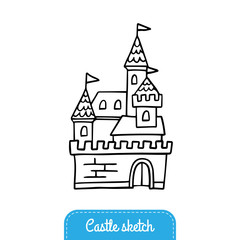 Black and white fairy tale castle for magic kingdom. Doodle Vector Illustration. Good for a logo, sticker, indie game, greeting card, banner, invitation or flyer.