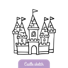 Cute hand-drawn fairy tale castle for magic kingdom. Doodle Vector Illustration. Good for a logo, sticker, indie game, greeting card, banner, invitation or flyer.