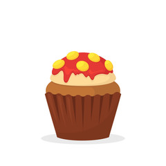 Chocolate muffin with vanilla cream, red frosting and yellow candies. Sweet food, cupcake with frosting flat vector icon
