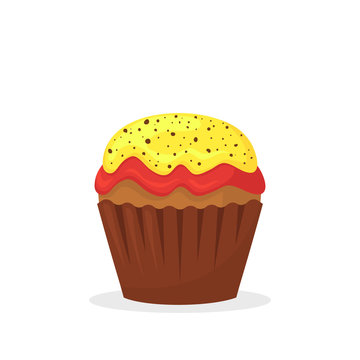 Chocolate muffin with yellow and red cream. Sweet food, cupcake with frosting flat vector icon