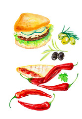 Set of hamburger, quesadilla, olives, olives and chili peppers. Watercolor illustration isolated on white background