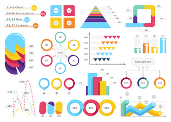 Set of most useful infographic elements - bar graphs, pie charts, steps and options, workflow, puzzle, percents, circle diagram, timeline, vector illustration.