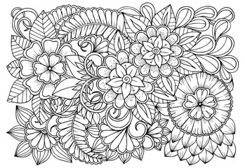 Vector black and white colorin page for colouring book. Leafs and flowers  in monocrome colors. Doodles pattern - obrazy, fototapety, plakaty