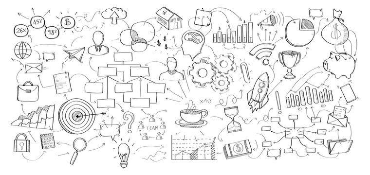 Business plan in hand-drawn icons style