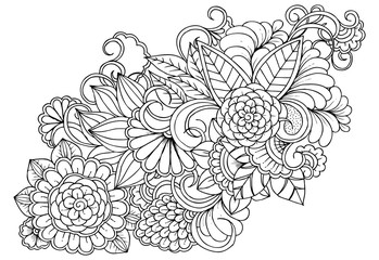 Vector black and white colorin page for colouring book. Leafs and flowers  in monocrome colors. Doodles pattern