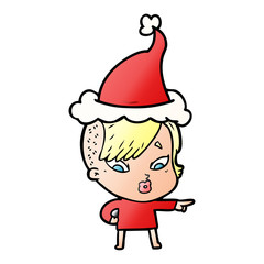 gradient cartoon of a surprised girl pointing wearing santa hat