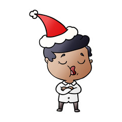 gradient cartoon of a man talking wearing santa hat