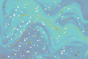 Fototapeta na wymiar Golden shiny confetti on blue glass holographic background in modern style. Sparkles shape on neon wallpaper decor. Happy birthday invitation poster background.