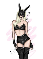 Beautiful girl in sexy underwear and a mask. Love, sex, bdsm. Vector illustration for greeting card or poster, print on clothes.  - 253024162