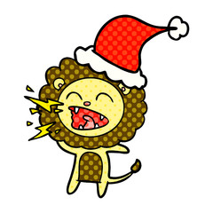 comic book style illustration of a roaring lion wearing santa hat