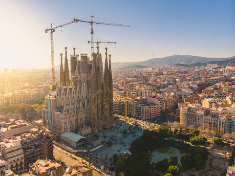 BARCELONA, SPAIN - 2019: Sagrada Familia cathedral aerial panoramic view.