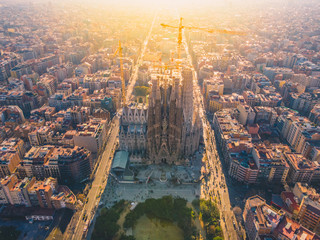 BARCELONA, SPAIN - 2019: Sagrada Familia cathedral aerial panoramic view.