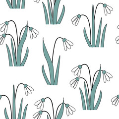 Fototapeta na wymiar Seamless pattern with the first spring flowers . Vector illustration with graphic snowdrops