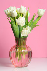 Bouquet of white tulips in a glass vase isolated on a pink background.
