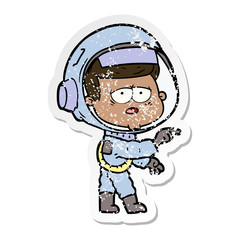 distressed sticker of a cartoon tired astronaut