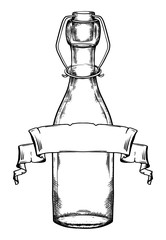 Illustration of glass bottle hatching with scroll parchment banner. Zero waste object. The object is separate from the background. Vector engraving element for menus, articles, cards and your creativi