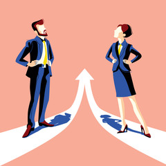 Gender equality. Woman and man look at each other. Business people stand on the white arrow in one direction. Symbol fairness and justice and emancipation. Vector illustration in flat style