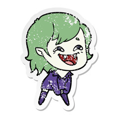 distressed sticker of a cartoon laughing vampire girl