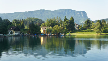 Fototapeta na wymiar Scenic view of Lake Bled, Julian Alps mountains, sunny day, Bled, Slovenia