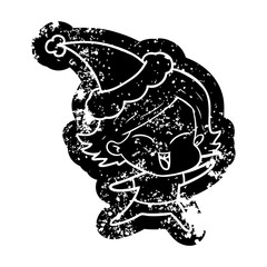 happy cartoon distressed icon of a girl wearing santa hat