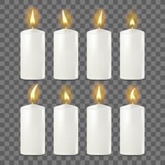 Candles Set Vector. White. Religion, Church Prayer. Transparent Background. Isolated Realistic Illustration