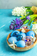 Happy Easter festive greeting card in blue style.