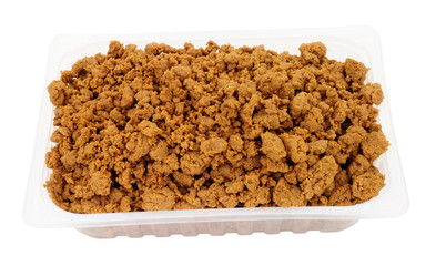 Tray of Mycroprotein fungus meat mince substitute made from fermented fungus isolated on a white background