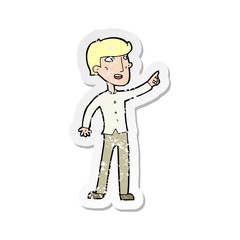 retro distressed sticker of a cartoon man pointing