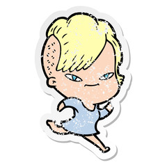 distressed sticker of a cute cartoon girl with hipster haircut