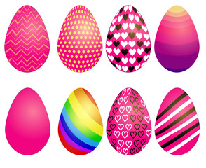 Set of Easter eggs with different texture on a white background.Spring holiday. Happy easter eggs