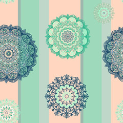 Seamless pattern - mandalas on a geometric background. Shades of blue and blue: turquoise, cyan, petrol with gray and beige - for the nursery, living room and hall.