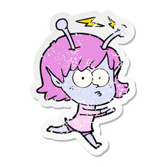 distressed sticker of a cartoon alien girl