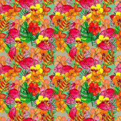 Seamless pattern With Tropical Flowers. Watercolor Background