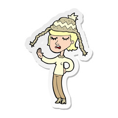 sticker of a cartoon woman wearing winter hat