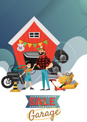 Garage sale, man and boy sell used car parts, tires wheels in back yard, mechanic father and som offers spring sale goods vector illustration