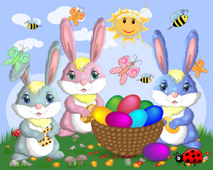Easter bunnies near the basket with Easter eggs in the meadow, the sun, butterflies, spring. Copy space