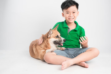 Portrait of a joyful little boy having fun with welsh corgi dog on the floor at studio.