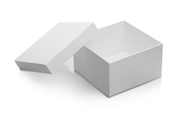 one white open box on white isolated background with shadow and clipping path