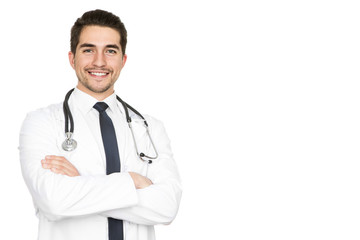 Health is the biggest priority. Half length studio portrait of a young male doctor smiling with confidence isolated on white copyspace on the side