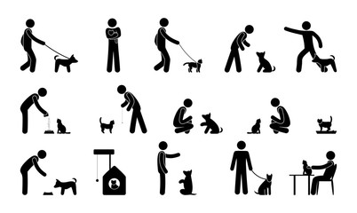 pet icon, man pictogram with dog, cat, animal care and training illustration