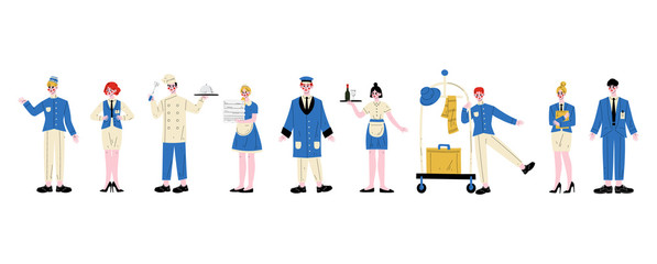 Hotel Staff Characters in Blue Uniform Set, Manager, Maid, Waitress,Chef, Bellhop, Receptionist, Concierge, Doorman Vector Illustration - obrazy, fototapety, plakaty